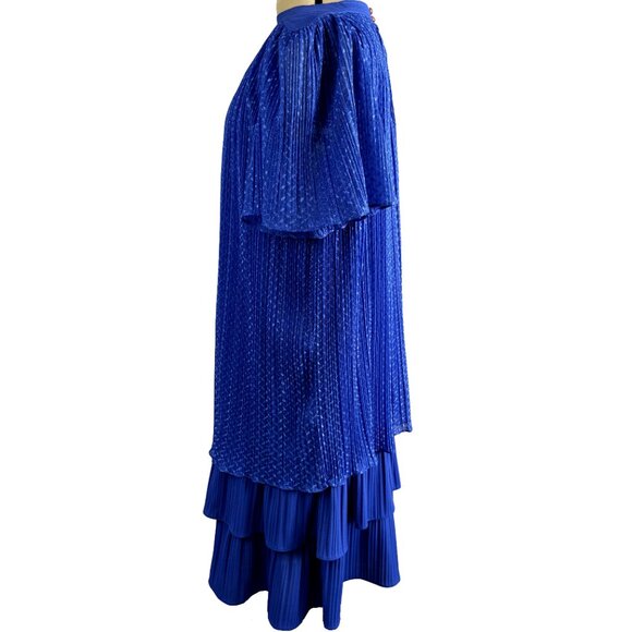 VTG RISA ANN NY Royal Blue Pleated Tiered Midi Dress 15.5 – Pearl Back Buttons - Picture 4 of 10